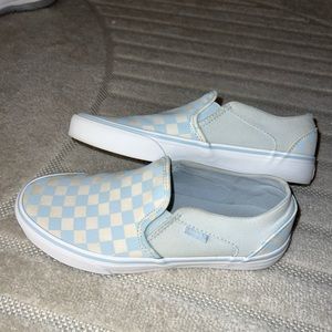 baby blue & off white checkered slip on vans
